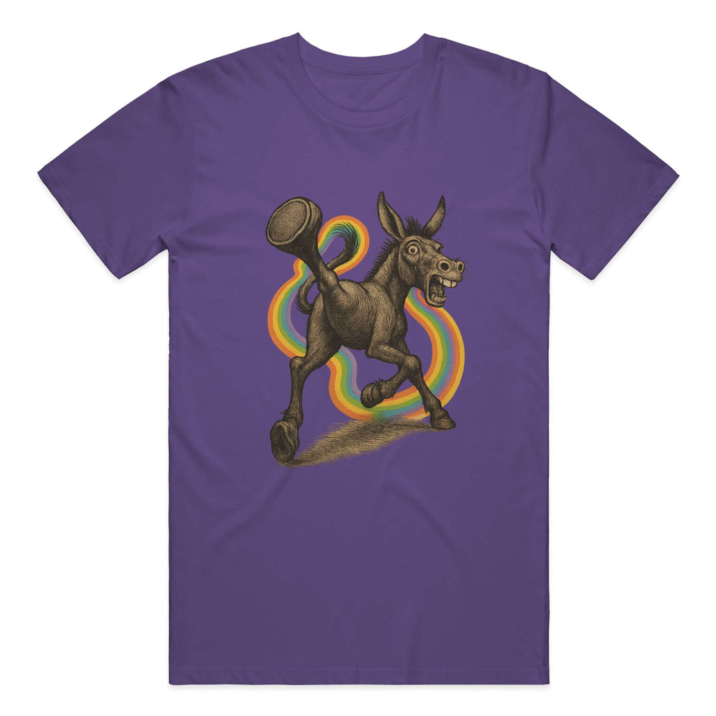 Premium purple graphic t-shirt with hand-drawn karate donkey and rainbow trail illustration - Donkey Being The Man tee by Stupid Libary