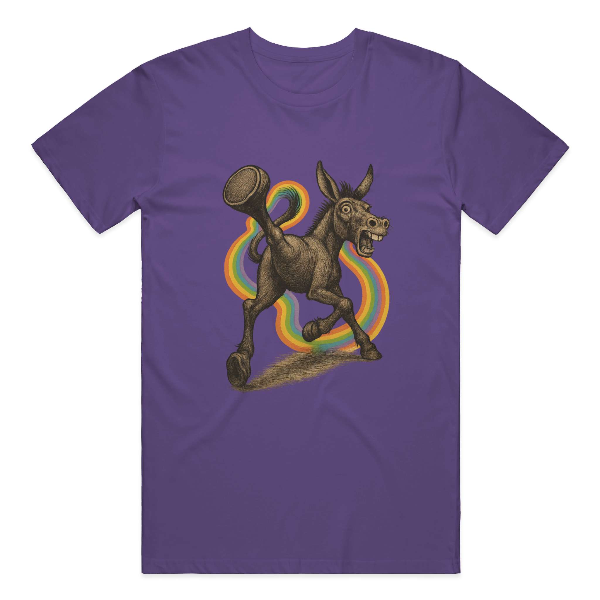 Premium purple graphic t-shirt with hand-drawn karate donkey and rainbow trail illustration - Donkey Being The Man tee by Stupid Libary