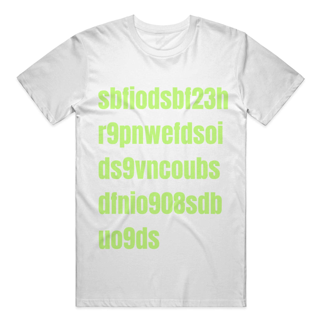 Premium white graphic t-shirt with chaotic neon green button mash illustration - Button Mash Eyesore tee by Stupid Libary