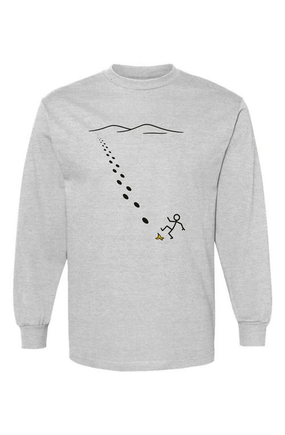 Premium long-sleeve graphic t-shirt with hand-drawn illustration of man slipping on banana - Dehydrated Banana Slipping Man by Stupid Libary