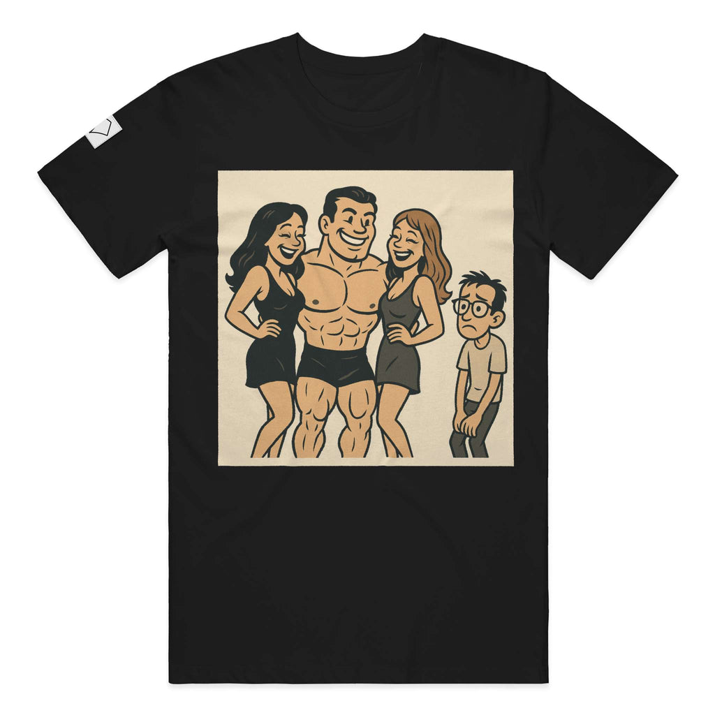 Premium black graphic t-shirt with hand-drawn illustration of muscleman with women and small dud - Natural Order tee by Stupid Libary