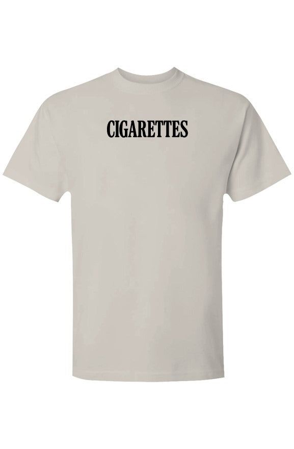 The Original Cigarettes T-shirt — a bone 6.1 oz cotton tee with the word CIGARETTES printed high across the chest.